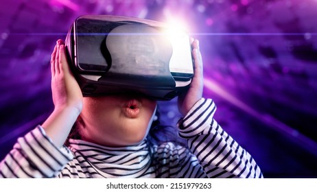 Happy girl in glasses of virtual reality. augmented reality, science, future technology concept. vr. futuristic 3d glasses with virtual projection