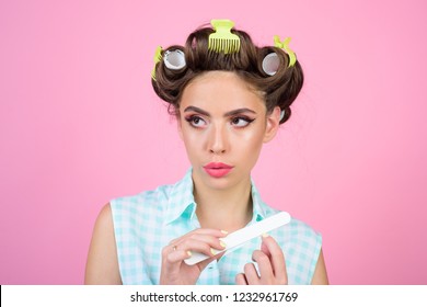 Happy Girl Grooming In Morning. Vintage Housewife Woman Do Manicure. Beauty Salon Hairdresser. Retro Woman With Fashion Makeup Hair. Pin Up Girl. Add Some Action To Your Life. She Is Really Cute.