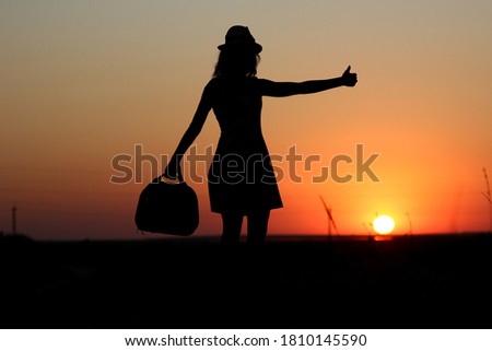 Happy girl with hat and suitcase  silhouette at rpyrode in the park