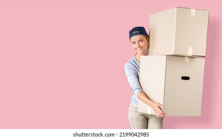 Happy Girl Holding Package Parcel Boxs. Delivery Courier And Shipping Service Concept.