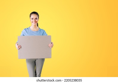 Happy Girl Holding Package Parcel Boxs. Delivery Courier And Shipping Service Concept.