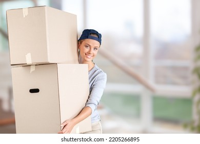 Happy Girl Holding Package Parcel Boxs. Delivery Courier And Shipping Service Concept.