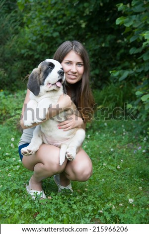 Similar – Foto Bild Frau mit blondem Labrador auf der Lichtung