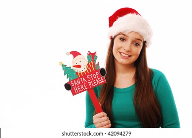 Happy Girl Holding Santa Stop Here Sign