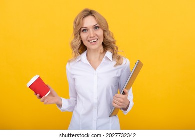 Happy Girl Manager With Laptop Hold Takeaway Drink In Paper Cup Yellow Background, Tea Break