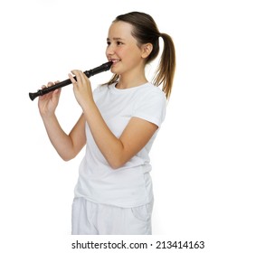 Happy girl playing the flute on white background