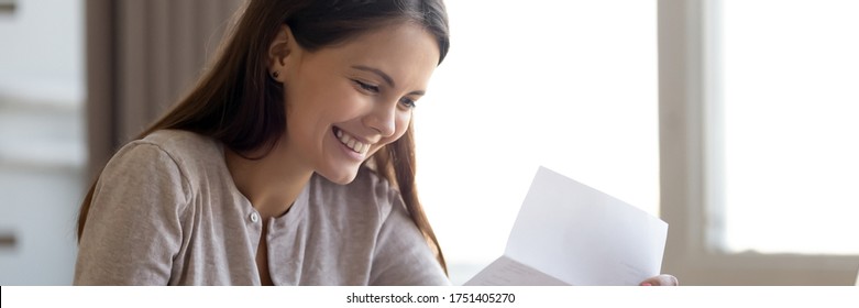 Happy Girl Read Paper Letter With Good News Horizontal Photo Banner For Website Header Design. Hired Career Opportunity, Student Get Scholarship, Money Refund, Bank Statement Financial Success Concept