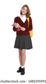 Happy Girl In School Uniform On White Background