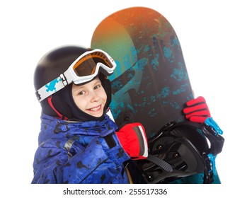 Happy Girl In Ski Gear And Snowboard, Isolated On White.