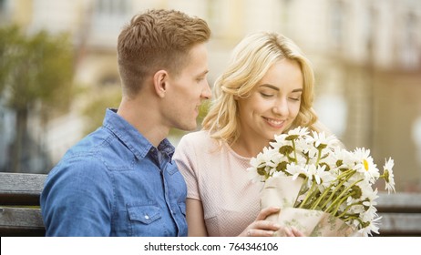 Happy Girl Smelling Nice Flowers, Gift From Beloved Boyfriend, Romantic Date