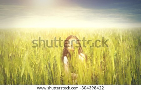 Similar – Image, Stock Photo girl walking in a field with yellow flowers sunny day