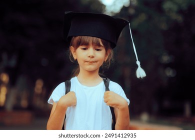 
Happy Girl Wearing a Graduation Mortarboard and a Backpack. Smart girl at the end of an academic year graduating 
 - Powered by Shutterstock