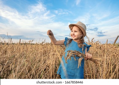 Happy girl in wheat field on warm and sunny summer evening. happy child in a straw hat and denim dress stands in a field with yellow wheat spikelets in the fresh air against a blue sky. copy space.