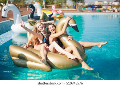 Happy Girls With Beverages On Summer Party Near The Pool