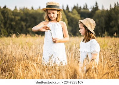 Happy girls walks in beautiful wheat field, embracing summer's yellow sun, nature freedom outdoors. White dress, straw hat, surrounded by rye, barley.Autumn harvest time rural scene.Own piece of land.