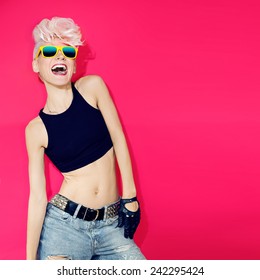 Happy glamorous Blond rocker style on red background