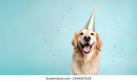 Happy golden retriever dog wearing a party hat celebrating at a birthday party with falling confetti - Shutterstock ID 2344307633