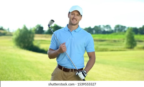 Happy Golf Player With Club Smiling On Camera, Luxury Hobby And Sport, Activity