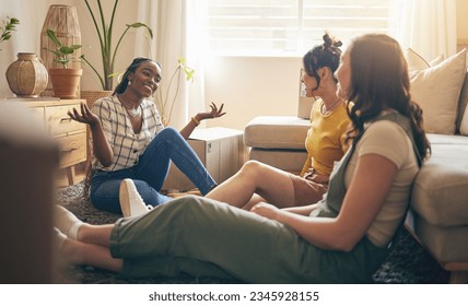 Happy, gossip and friends on a floor relax, talking and bond with advice in house together. Conversation, drama and women with diversity in a living room speaking, chilling and enjoy weekend freedom - Powered by Shutterstock
