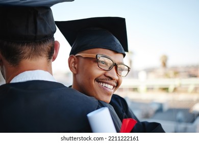 Happy, Graduation And College Graduate Hug With Happiness And Congratulations Outdoor Smile. University, College Success And Diploma Event Of A Black Man Getting A Education Degree And Certificate