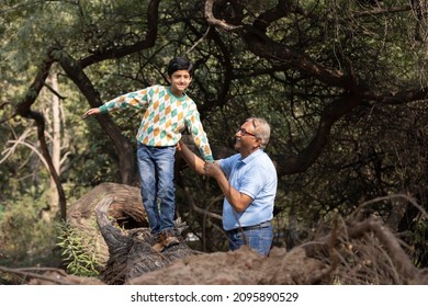 Happy grandfather holding grandson balancing on fallen tree trunk at park
