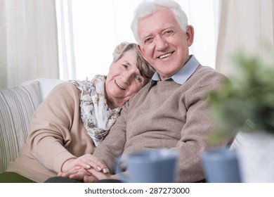 Happy Grandma And Grandpa Sitting On The Sofa