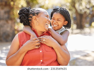 Happy, grandmother or girl laughing in park relaxing or smiling in nature on holiday vacation as a family. Funny joke, granny or senior black woman or child loves bonding or hugging African grandma