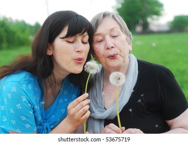 Happy Grandmother And Grand Daughter With Dandelions On The Meadow