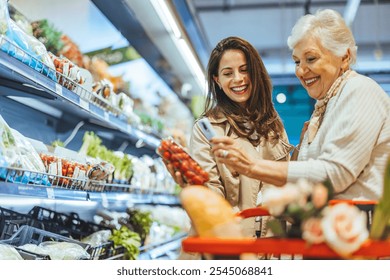 Happy grandmother and granddaughter enjoying a delightful shopping trip together in a grocery store, choosing fresh produce with smiles and laughter, showcasing a bond of love and togetherness. - Powered by Shutterstock