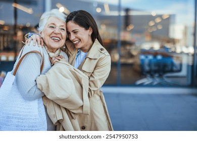 A happy grandmother and her granddaughter share a warm embrace outside a store. This heartwarming moment captures their love, connection, and joy, symbolizing intergenerational family bonds  - Powered by Shutterstock