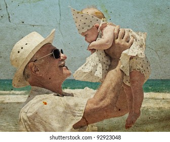 happy grandpa is holding a little granddaughter. Background - the sea.  Photo in old image style.