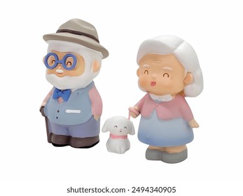 Happy Grandparents with Their Pet Dog. depicts charming figurines of an elderly couple, a grandfather with a cane and a hat, and a grandmother with their small white dog. - Powered by Shutterstock