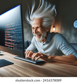happy gray haired man with wind in his hair working fast on pc