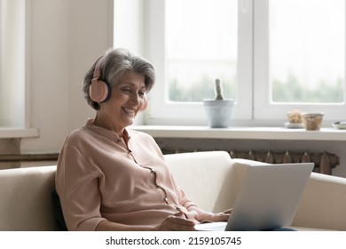 Happy grey haired middle aged 50s lady in big wireless headphones using laptop computer, talking to family, grandchildren on video call, listening learning audio, watching movie, studying from home