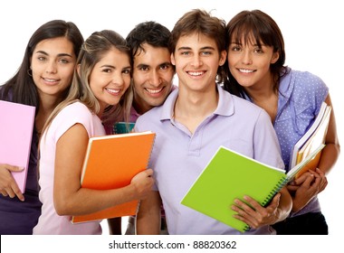 Happy Group Of College Students With Notebooks And Smiling - Isolated Over A White Background