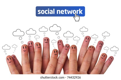 Happy Group Of Finger Faces As Social Network With Speech Bubbles