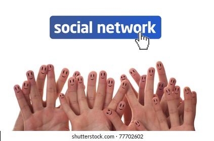 Happy Group Of Finger Faces As Social Network