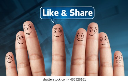 Happy Group Of Finger With The Word Like  And Share  Social Media  Concept