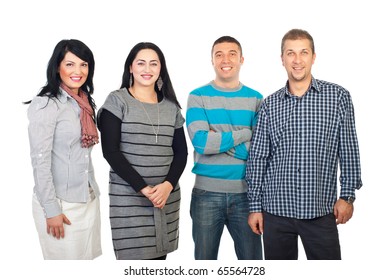 Happy Group Of Four People Standing In A Row Isolated On White Background