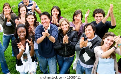 group of people smiling outside