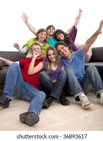 Happy group of friends smiling indoors isolated - Shutterstock ID 36893617