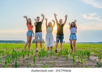 Happy Group Of Friends At Sunset In The Field.