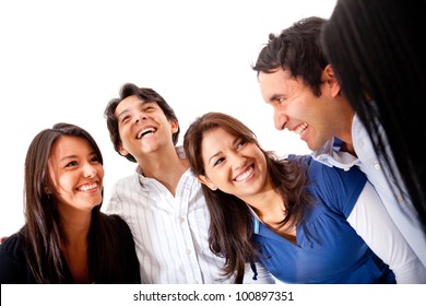 Happy Group Of Friends Talking - Isolated Over A White Background