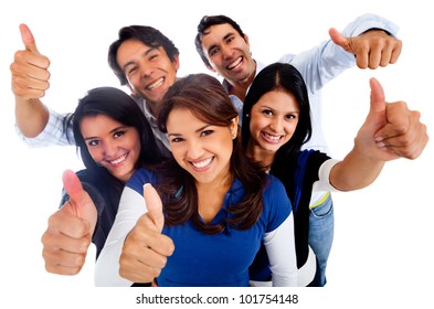 Happy group of friends with thumbs up - isolated over a white background - Powered by Shutterstock