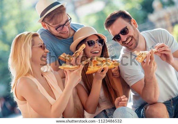 Happy Group People Eating Pizza Outdoorshaving Stock Photo 1123486532 ...