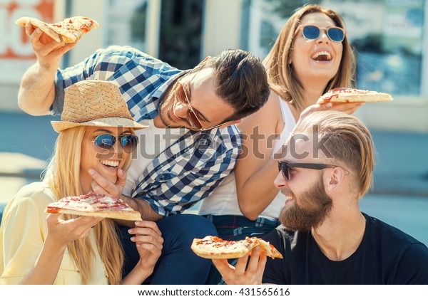 Happy Group People Eating Pizza Outdoorsthey Stock Photo 431565616 ...