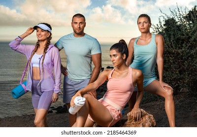 Happy Group Of Runners Rest After Running. Certified Group Exercise Instructor And His Fitness Team. Premium High Resolution Photo Of Smiling Women And Man.