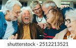 Happy group of senior people laughing together indoors - Delightful aged friends having fun 