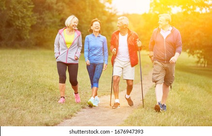 Happy Group Of Seniors Walking In Hiking Club In Summer