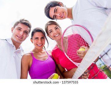 Happy Group Tennis Players Holding Rackets Stock Photo 137597555 ...